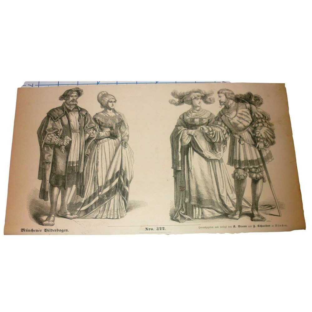 Antique Munchener Bilderbogen No. 322 Historical Costume Woodcut Print Munich